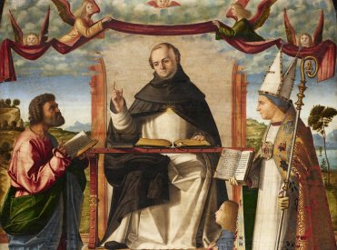 Gemälde über die Disputation des heiligen Thomas von Aquin mit den Heiligen Markus und Ludwig von Toulouse