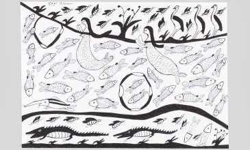 Bild aus der Ausstellung "Alles lebt" des  colectivo artes vivas mit Fischen, Meerjungfrauen, Krokodilen - Sinnbild für den Kreislauf im Fluss 