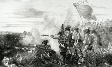 Kampfszene in schwarz-weiß zeigt eine historische Darstellung des Ausfalls der Revolutionstruppen aus Rastatt nach Niederbühl 1849