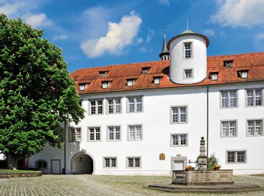 Schlossansicht des Museums der Alltagskultur mit Brunnen und Kastanie