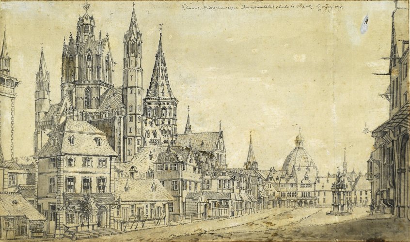 Jan de Beyer, Ansicht des Mainzer Domes, 1753, Federzeichnung auf Papier, Inv.-Nr. GS 1937/3206, Foto: © GDKE - Landesmuseum Mainz (Foto: U. Rudischer)