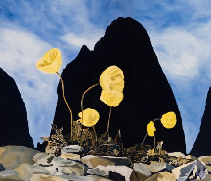 Drawing, mountains in the background, yellow flowers in the foreground
