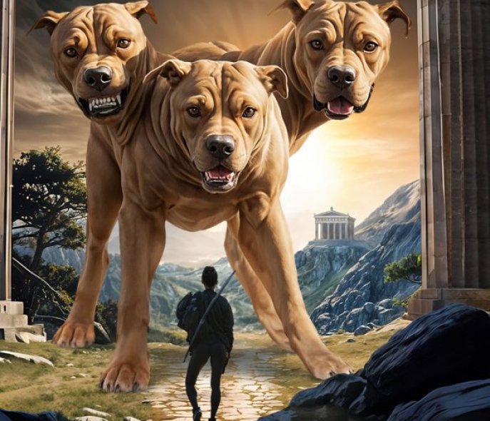 A hiker walks towards a three-headed dog