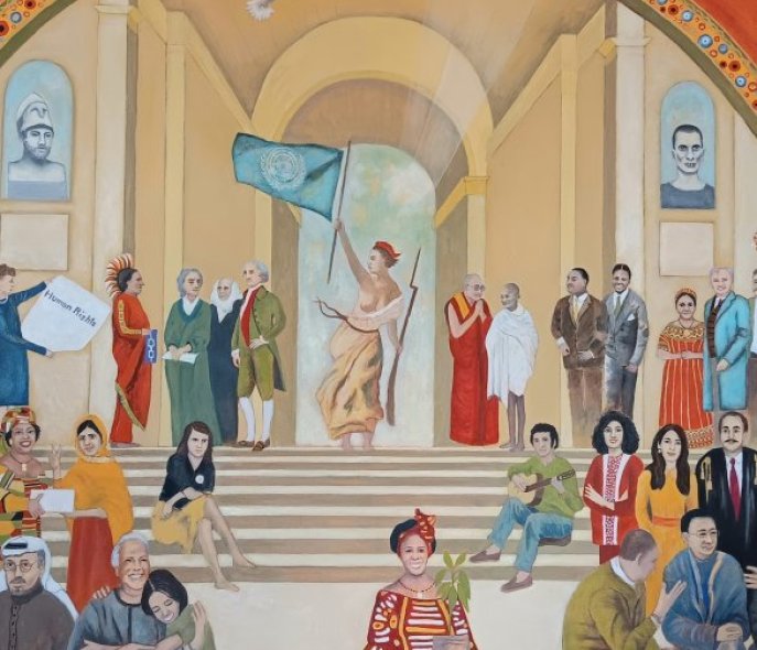 You see many people in an antique room 