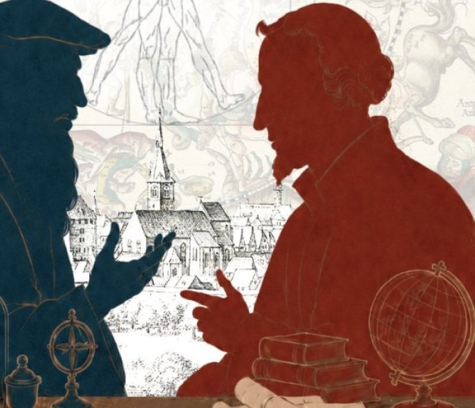 Two men, drawn as silhouettes, engaged in conversation