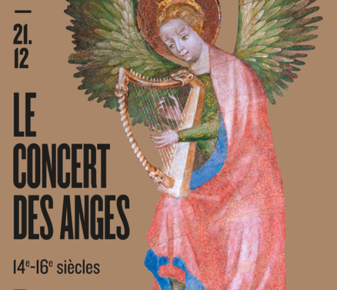 Poster for the exhibition, showing an angel playing the harp