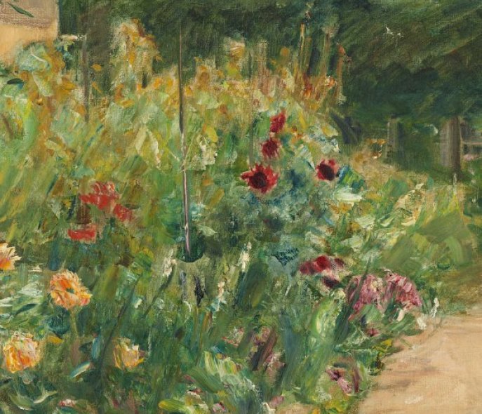 Impressionistisches Gemälde von Max Liebermann, das Blumenstauden in verschiedenen Farben zeigt