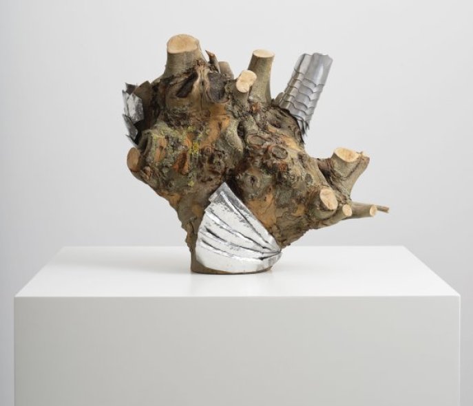 Heart-shaped sculpture made of wood and sheet metal