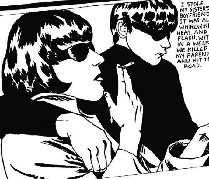 A panel from a comic strip showing two young people smoking