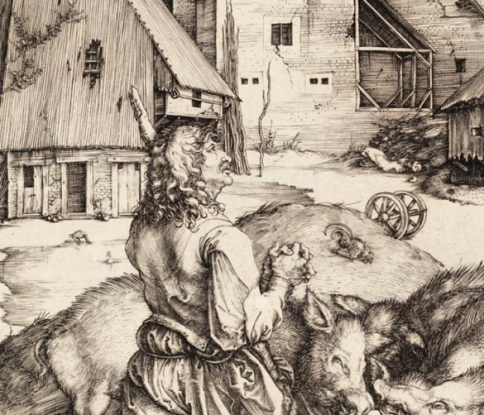 Print: A man standing in a yard, surrounded by pigs
