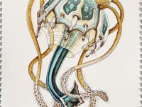 Plancton avec tentacules - dessin à l'encre, aquarelle et ficelle bleue