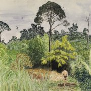 Painted rain forest with various trees and plants under grey sky, one man is walking into the forest at the bottom of the picture.
