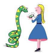 Ein Mädchen zeigt einer Schlange ihr Amulett. Illustration von Daniela Rütimann Ein Mädchen zeigt einer Schlange ihr Amulett. Illustration von Daniela Rütimann