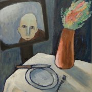 Malerei mit Tisch, Teller, Messer und Gabel, Vase und Blumen, Fernseher und ein Gesicht
