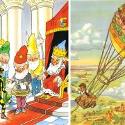 Links ein Ausschnitt aus Lurchis Abenteuer: Lurchi zeigt dem Zwergenkönig seine ledernen Schuhe, Rechts Mecki, der in seinem Heißluftballon über eine märchenhafte Landschaft fliegt