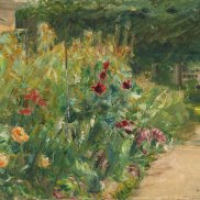 Max Liebermann, Blumenstauden am Gärtnerhäuschen nach Osten, 1923, Öl auf Leinwand, 55,5 x 75,5 cm, Privatsammlung