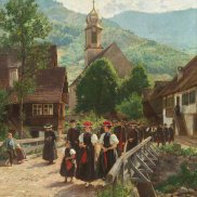 Gemälde, eine Gruppe Frauen mit den Schwarzwald-typischen Bollenhüten und in Tracht, auf dem Rückweg vom Kirchgang, im Hintergrund eine Kirche und Häuser