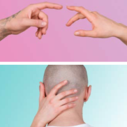 Marge Monko, Image from the installation "I don´t know you so I can´t love you", 2018, Courtesy the artist Zwei Hände, die sich fast berühren und ein Hinterkopf, der von einer Hand berührt wird