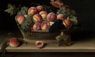 Das Foto zeigt ein Gemälde der Künstlerin Louise Moillon. Zu sehen ist ein mit Pfirsichen und Trauben gefüllter Korb.