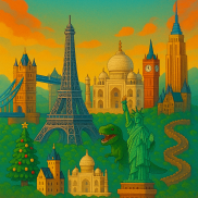 Bild zeigt spielerisch die Bauwerke, die aus Klemmbausteinen in der Ausstellung umgesetzt werden. 