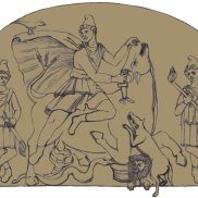 © Römermuseum Güglingen, Zeichnung: Markus Ege Rekonstruktion des Kultbilds aus Mithräum II von Güglingen