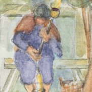 Ausschnitt aus der Panoramawand: Frau mit Handspindel