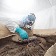 Unter der Lupe. Einer römischen Lebensgeschichte auf der Spur Der Bleisarg wird untersucht. Foto: Susanne Schenker