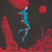 Redhaired hovering women in front of dark backround