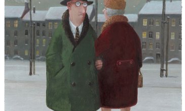 Man and woman walking in snowy landscape; buildings in the backround