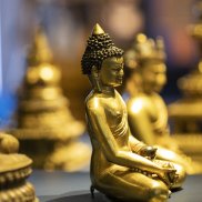 Mehrere goldene Buddhas sitzen auf einem Podest