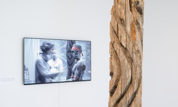 Thulu, der Baumstamm mit geritzter Rinde. thulu, Baum der Vorfahren, vor 1940, Australien.  Im Hintergrund einen Filmausschnitt mit Mann mit rotem Stirnband und bemalten Oberkörper, der eine Rauchzeremonie vollzieht