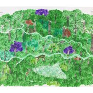 Gemaltes Bild eines grünen Waldes, in dem vereinzelte Bäume violett und rötlich blühen und auch ein paar Tiere sind zu sehen.