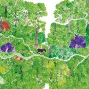 Bild von Abel Rodriguez. Gemalter, Wald mit viel Grün, zwei lila und zwei roten Bäumen. In der Mitte ein Tier auf einem Weg.