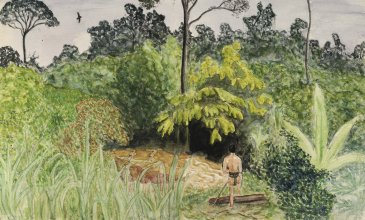 Ein gemaltes Bild eines Regenwaldes mit unterschiedlichsten Bäumen und Pflanzen unter einem grauen Himmel. Ein Mann ist ganz klein im Vordergrund zu sehen. Er läuft in den Wald.