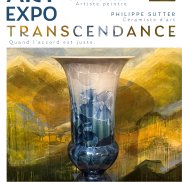 Affiche de l'exposition avec, au centre, un vase en porcelaine devant une toile peinte. 