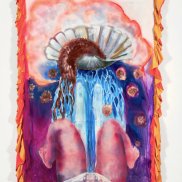 Gemälde von zwei Beinen aus der Ich-Perspektive vor einer Venusmuschel