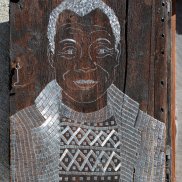 Sasha Huber (*1975). The Firsts - James Baldwin (1924-1987), 2018 Staples on shutters at Berg Hüsli, Leukerbad, Switzerland, 49 x 69 cm, private collection Photograph: Siro Micheroli