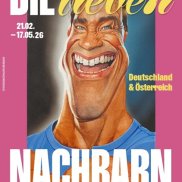 Erich Sokol, Arnold Schwarzenegger, 1993, Aquarell, Acryl, Tusche, Bleistift, Sprühlack auf Karton, Inv.Nr. KS-11033, Landessammlungen NÖ © Annemarie Sokol Ausstellungsplakat, Gestaltung: Studio Aufbruch