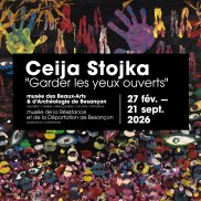 Affiche de l'exposition "Ceija Stojka. Garder les yeux ouverts". Une affiche mêlant une multitude d'yeux et des empreintes de mains colorées.