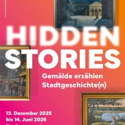 Plakat in Pink und Orange mit Ausstellungstitel und Ausschnitten von Gemälden.