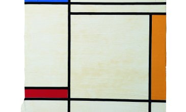 Bildkomposition im Stile Mondrians, mit weißen, einem roten und blauen Rechteck. Getrennt werden diese durch markante schwarze Linien.