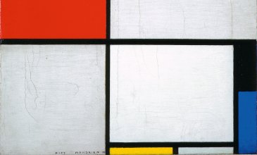 Bild mit weißen, roten, blauen und gelben Rechtecken. Getrennt werden diese durch markante schwarze Linien.