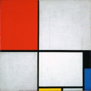 Piet Mondrian, Komposition mit Rot, Schwarz, Blau und Gelb, 1928, Öl auf Leinwand, 45,2 x 45 cm, Wilhelm-Hack-Museum, Ludwigshafen am Rhein, Foto: Wilhelm-Hack-Museum, Ludwigshafen am Rhein Bild mit weißen, roten, blauen und gelben Rechtecken. Getrennt werden diese durch markante schwarze Linien.