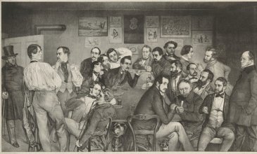 Eine gesellige Männerrunde, die teilweise stehen und sitzen
