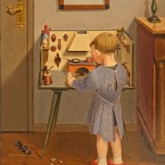 Niklaus Stoecklin, Kind vor Puppenküche, um 1948. Öl auf Hartfaserplatte, 33,5 x 27 cm. Privatbesitz. © ProLitteris, Zürich. Foto: Niklaus Stoecklin Stiftung, Basel