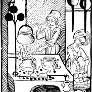 Mittelalterliche Küche. Aus: Kuchenmaistrey, Johannes Fischauer, Augsburg 1505