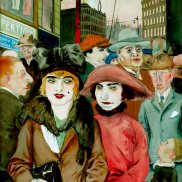 Rudolf Schlichter, Hausvogteiplatz, um 1926,Sammlung Christina und Volker Huber, Offenbach am Main, © Viola Roehr von Alvensleben, München Eine Menschengruppe versammelt, zwei Frauen im Vordergrund
