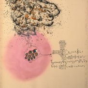 Carol Rama, Senza titolo (Ausschnitt), 1967, Tinte, Vinylkleber, Puppenaugen und Sprühfarbe auf Papier, Privatbesitz  © 2025, Archivio Carol Rama, Turin