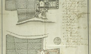 Vogelschau und Grundriss der Mainzer Kartause nach der Aufhebung, 1788/90, Stadtarchiv Mainz