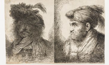 Giovanni Benedetto Castiglione: Kopf eines Mannes im Schatten, Kopf eines Mannes mit federgeschmücktem Turban und zwei Pastoralen, Radierung (1. Zustand) © GDKE Landesmuseum Mainz, Foto: A. Garth
